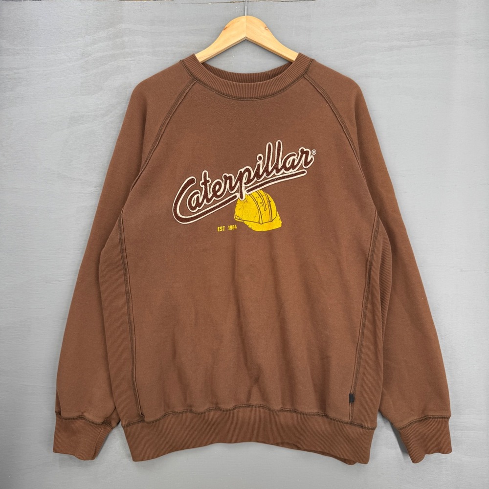 Rare CAT Caterpillar Construction Sweatshirt Brown Graphic Hard Hat Raglan XL